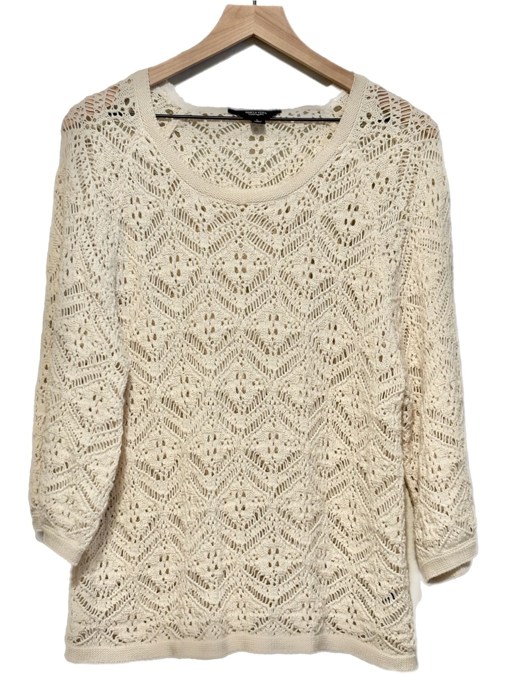 Simply Vera Wang 100% Cotton Crochet Knit Scoop Neck Sweater Oatmeal L Bohemian